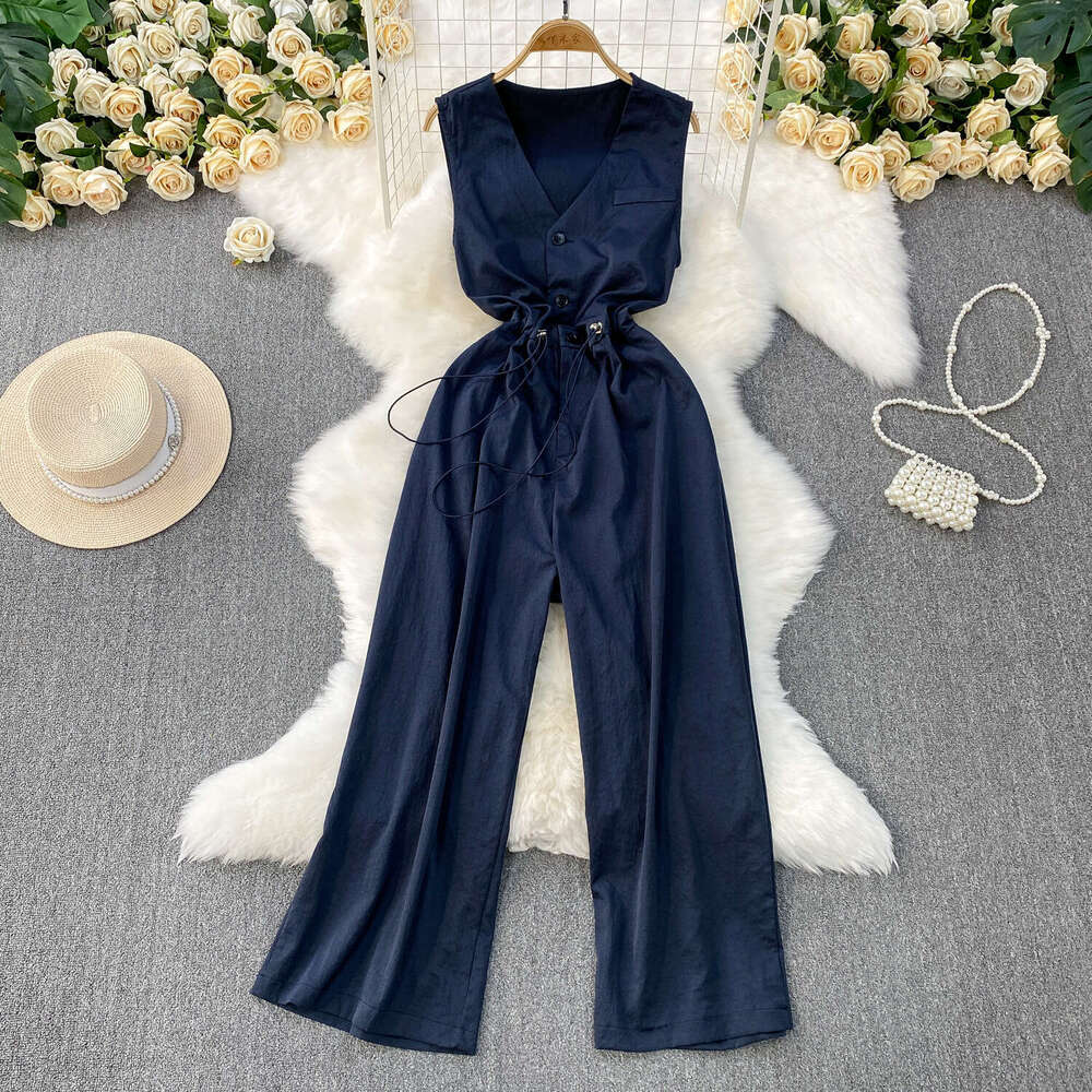 Elegant style sleeveless V-neck single breasted jumpsuit women's 2026 summer new item drawstring waist slim fit wide leg