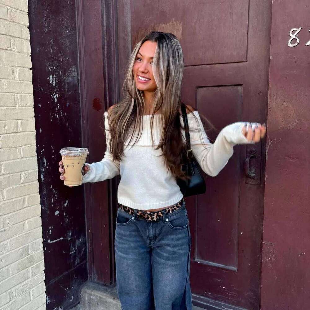 Navy Vintage Cropped Women Spring Slash Neck Long Sleeve Slim Crop Top Sweet Fashion Streetwear Knit Sweater Y2k Jumper Z260313