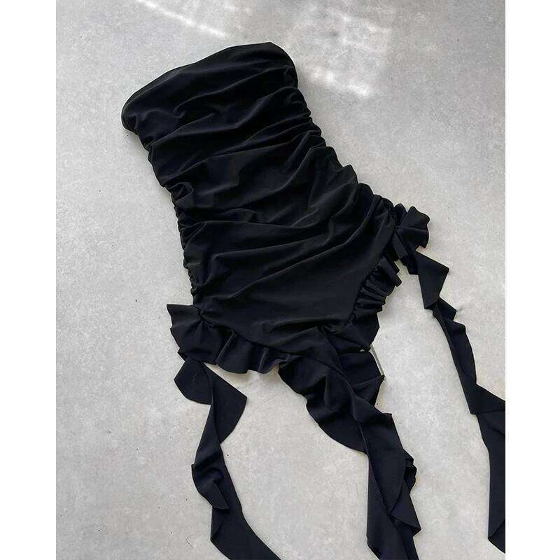 Women Strapless Sexy Floral Fold Hemline High Slit Mini 2024 Solid Backless Sleeveless Black And Pink Party Dress Vestidos