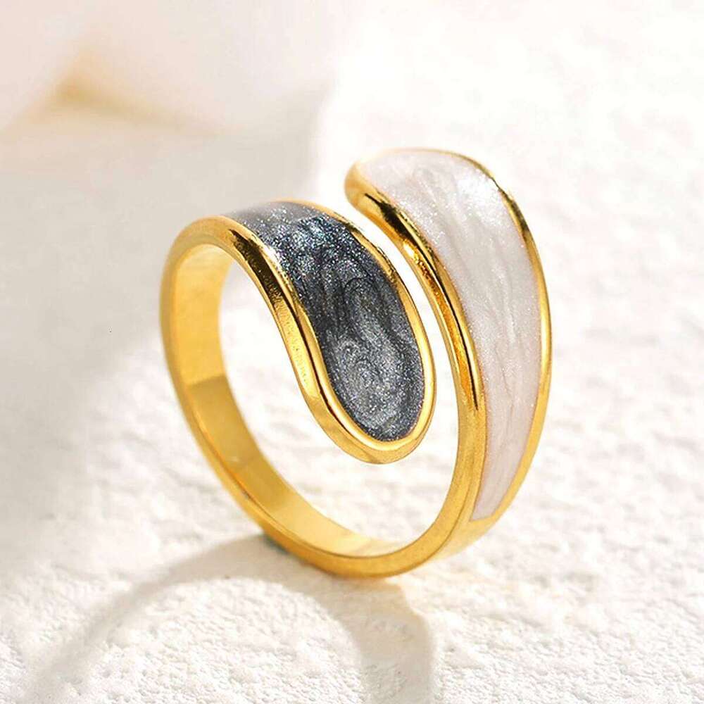 Stainless Steel Black and White with Enamel Simple Double Layer Oil Dripping Adjustable Open Finger Ring for Women No Fade H260312