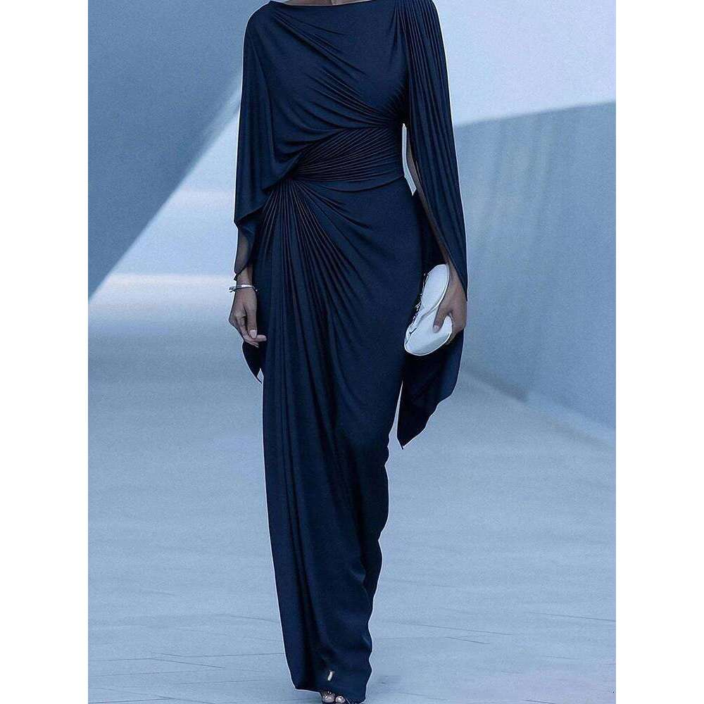 Sexy Slash Collar Pleat Slim Evening Elegant High Waist Solid Color Banquet Lady Leisure Irregular Long Sleeve Dress Z260314