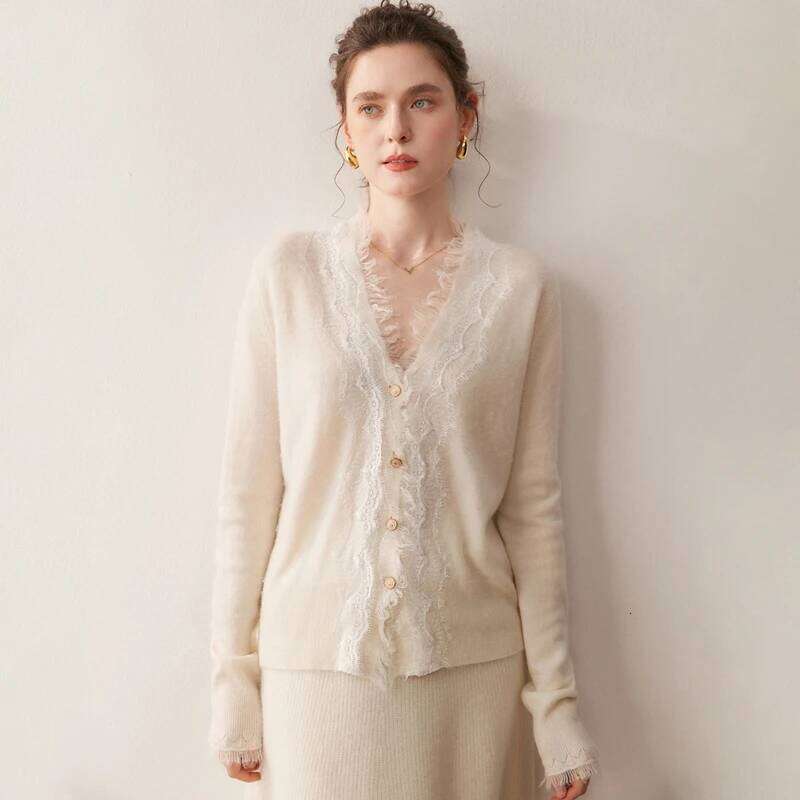 Autumn/Winter Women's 100% Pure Cashmere Cardigan Casual Solid Lace Knitted Sweater Fit V-neck Tops Warm Single breasted Jumper Z260313