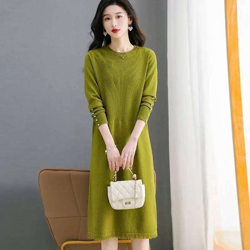 Round Neck Fur Women's Slim Long Base Knitted Loose Autumn and Winter Dress Over the Knee New Style 2024 Z260314