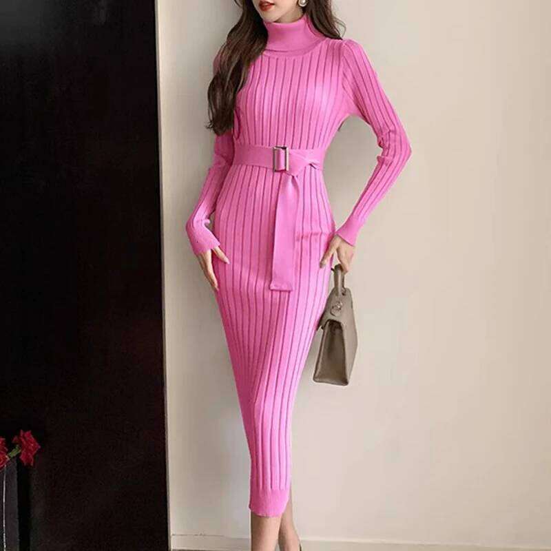YuooMuoo Chic Fashion Sexy Package Hips Rib Knitted Bodycon 2024 Autumn Winter Turtleneck Belt Sweater Dress Long Vestidos Z260313