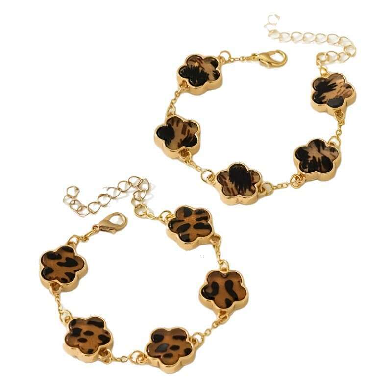 Women Jewelry Bracelets Charm Bracelets Bohemian Style Leopard Print Five-Leaf Clover Stainless Steel Fashion Charm Women Bracelet