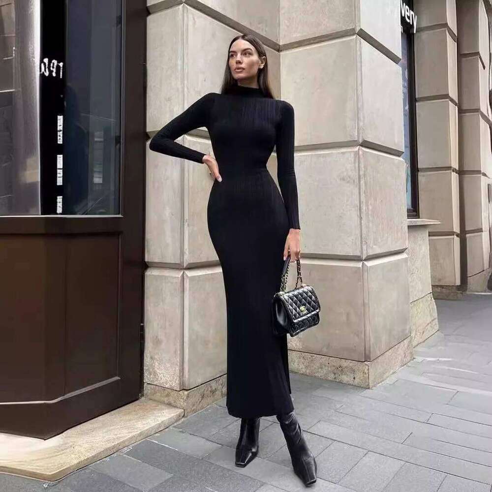 Women Elegant Sleeve Knitted Maxi High Neck Bottoming Striped Sweater Slim Long Dress Bodycon Party Club Streetwear Z260314