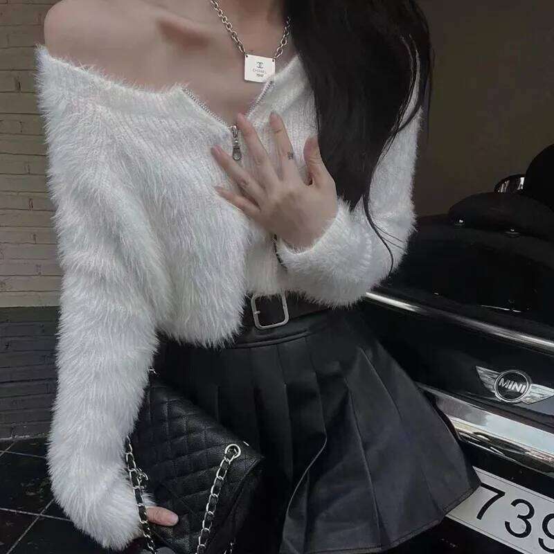 Fashion Korean Style Autumn Women Long Sleeve O-neck Zipper Knit Sweater Spring Solid Sexy Short Top Elegant Fluffy Knitwear Z260314