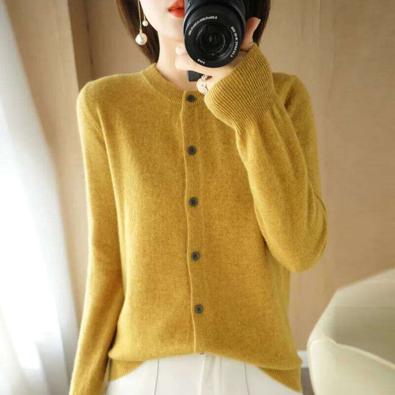 Wool-blend New Round Neck Knit Cardigan Women's Loose Short Sweater Casual Jacket Top Z260314