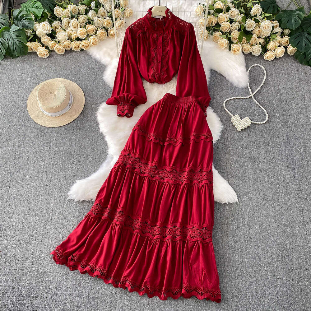 2026 soft style blue thick lace patchwork stand up collar lantern sleeve shirt two-piece set a18 high waist slimming cake skirt