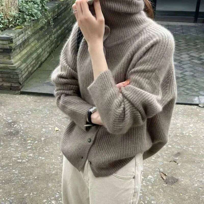 Women'S Stand Collar Cardigan Sweater Elegant Vintage Ribbed Long Sleeves Knitted Jumper Single Breasted Clothes Autumn Winter Z260314