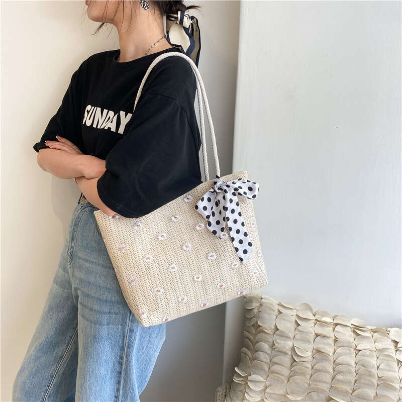 Women's New Style Straw Woven Scarf Single Shoulder Handbag Large Capacity Simple Big Trendy Vacation Beach Bag