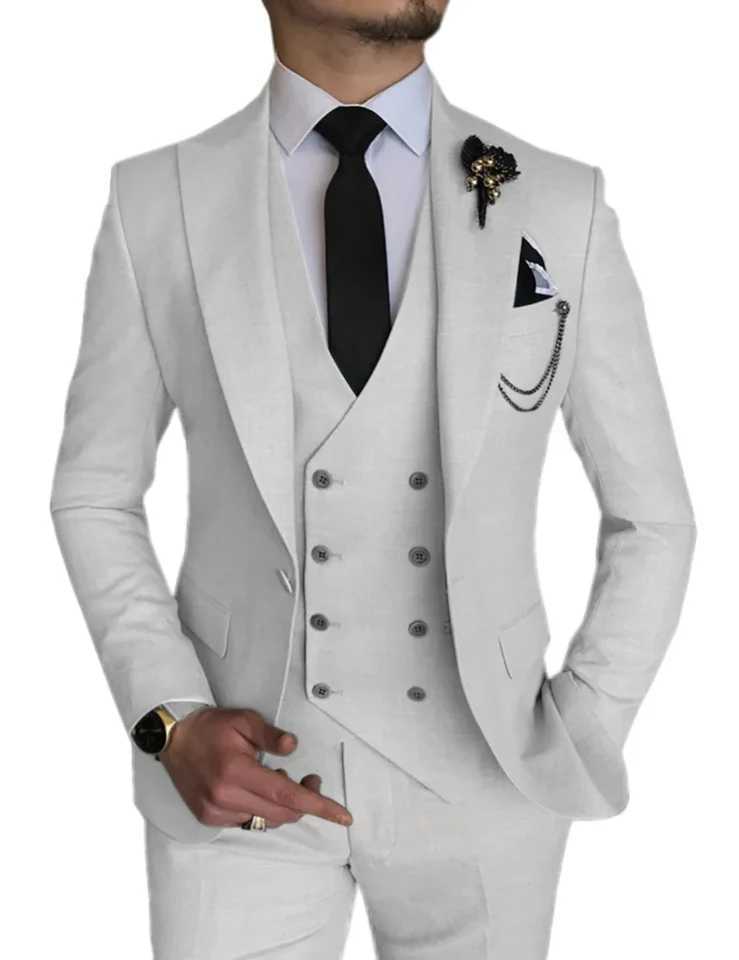 3 Pieces Light Gray Suits Men Suits Wedding Wear Business Male Groom Wedding Dress Jacket Vest Pants Set Blazers Coat M260313