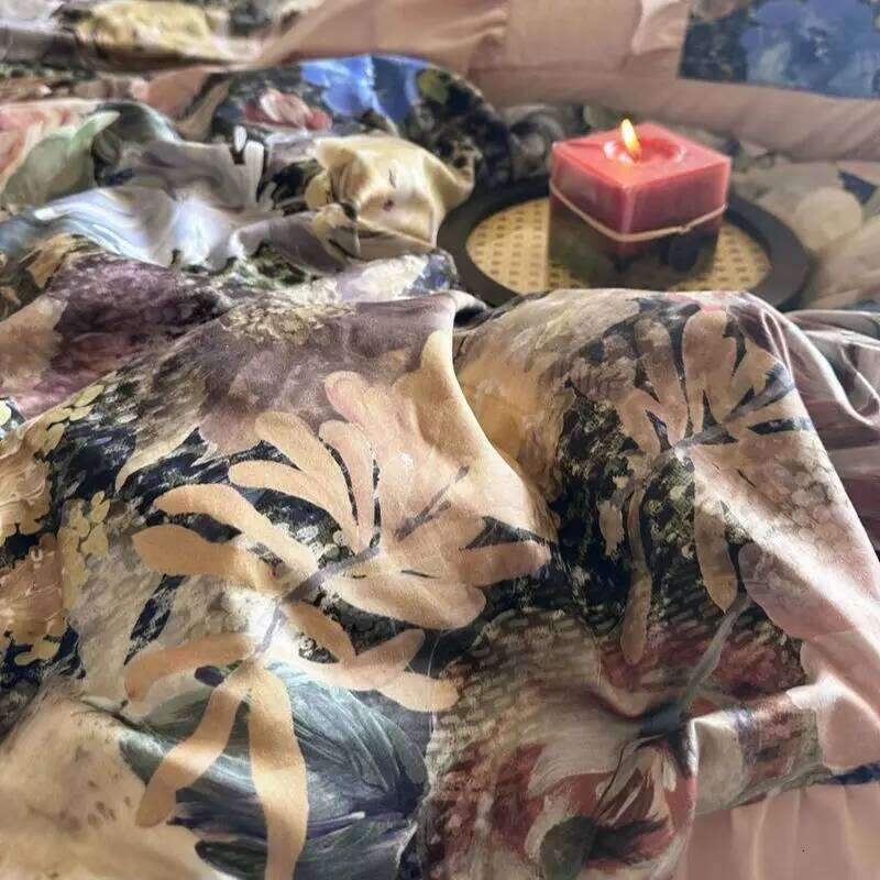 Vintage Rose Oil Painting Style Ruffles Egyptian Cotton Bedding Set Duvet Cover Bed Sheet/Bed Skirt/Fitted Sheet Pillowcase 4Pcs H260312 - view 6
