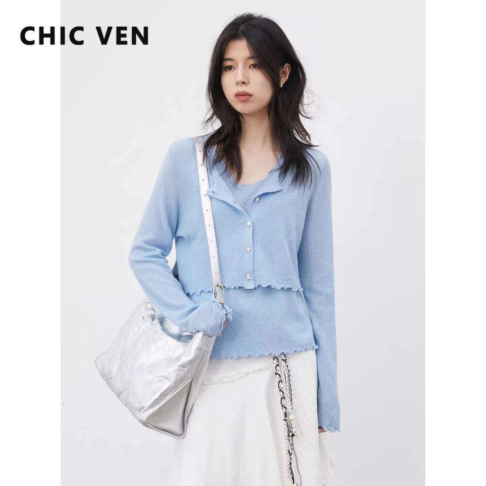CHIC VEN Fashion Women Cardigan Loose Casual New Design Ocean Style Female Knitted Sweater Vest Two-piece Set Spring Summer 2026