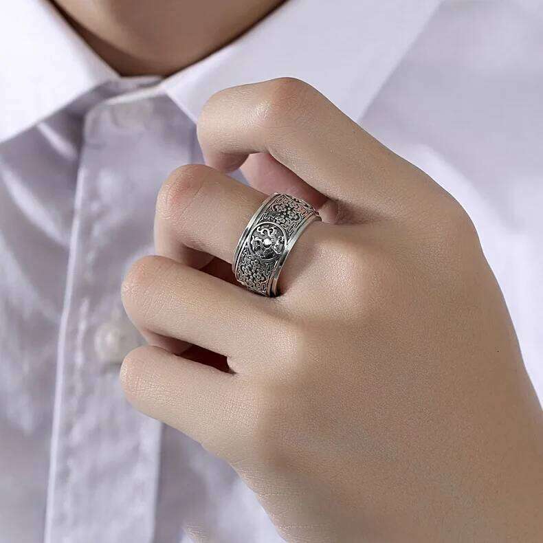 Simple S925 Sterling Silver Rotatable Beast Men's Overbearing Vintage Engraved Ring Boyfriend Birthday Gift Jewelry H260312