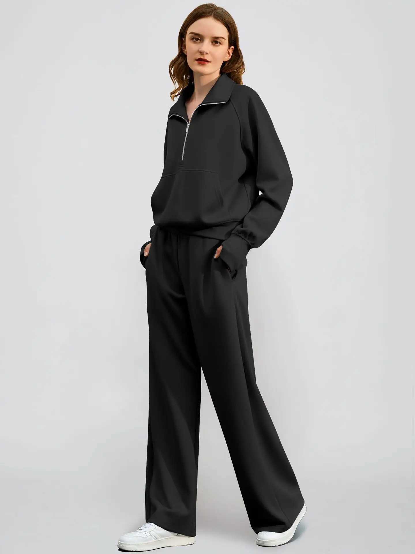 Woman Solid Color Half Zip Long Sleeve Sweatshirt and Wide Leg Pants Set Casual Sporty Two Piece Outfit M260313