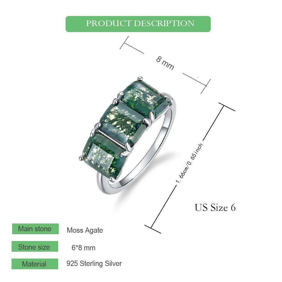 WES 925 Sterling Silver Three Stones Natural 6*8mm Moss Agate Ring for Woman Luxury Jewelry Wedding Party Gift Rhodium Plated H260312