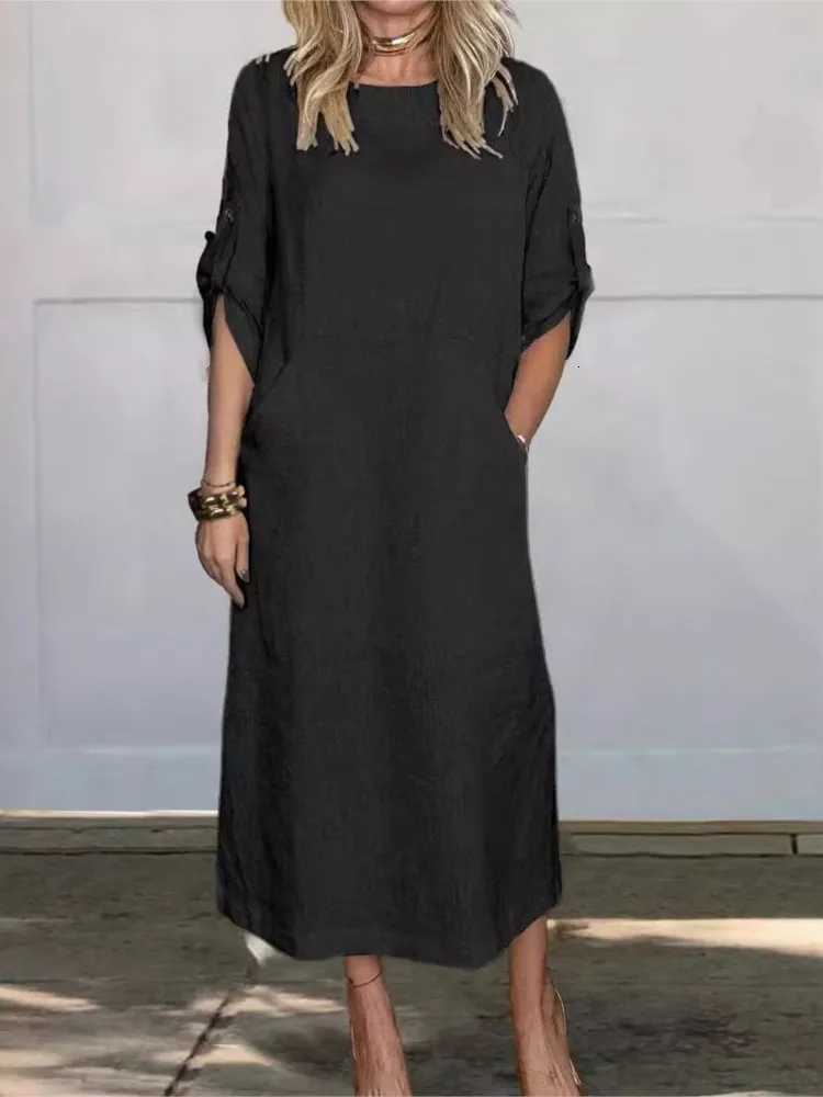 New Womens Clothing 2024 Summer Loose Casual Solid Color Short Sleeved Cotton Linen Fashionable Button With Pocket DressT260314