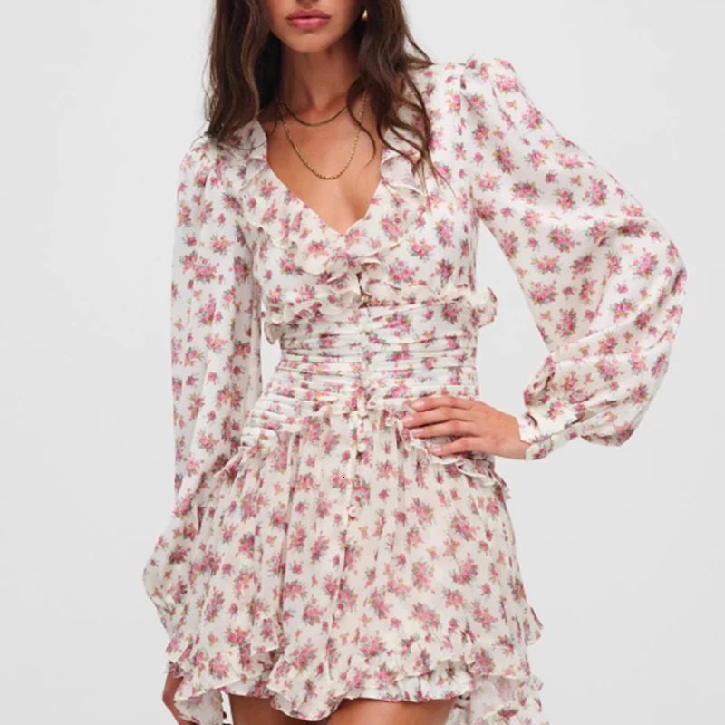 Boho Floral Print Ruffle Mini Dress Women Front Button Long Sleeve V Neck Spring Dresses Holiday Robe Short Vestidos 260313