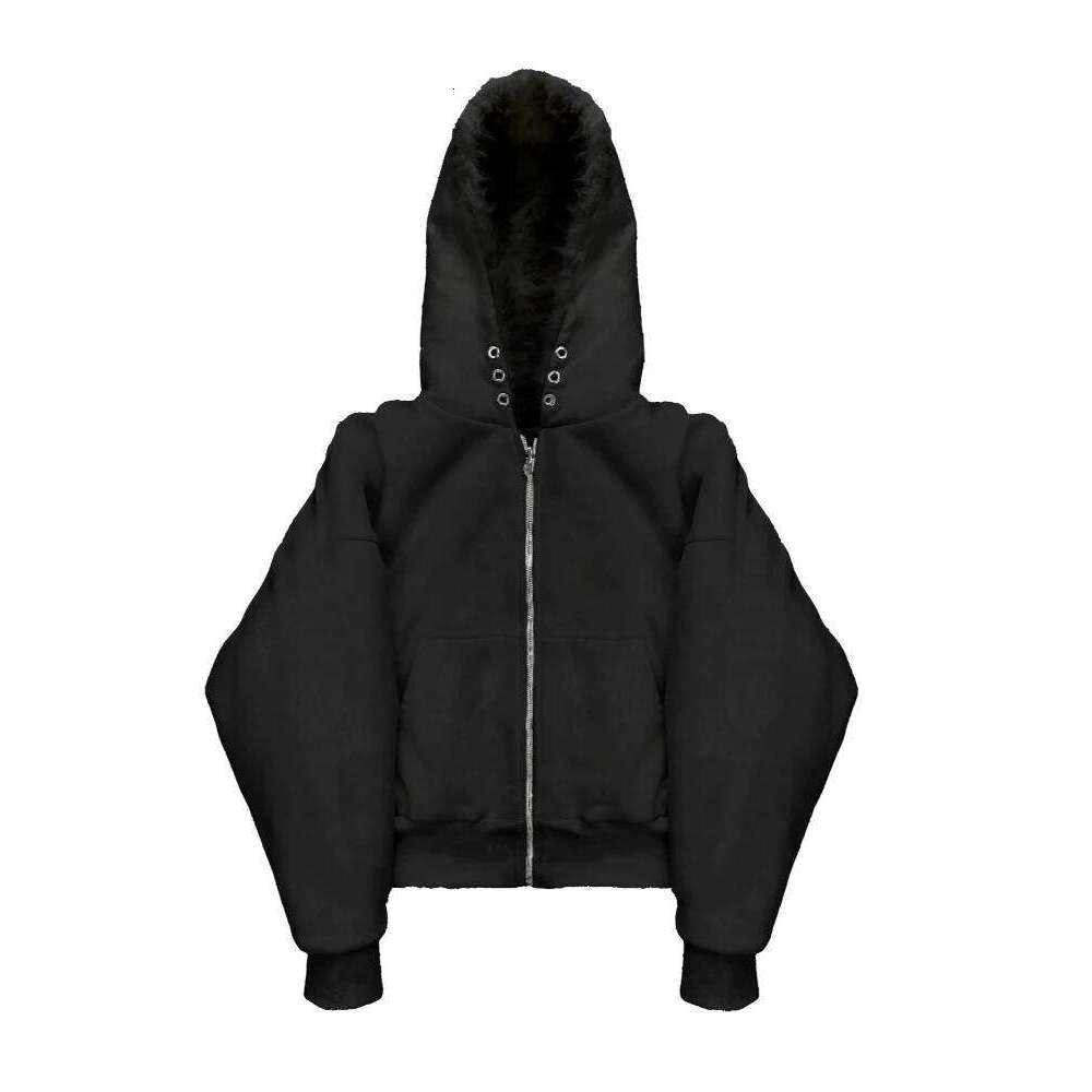 Autumn and winter season women's street retro hooded zipper solid color double-sided cardigan sweatshirt jacket clothing Y2K Z260313