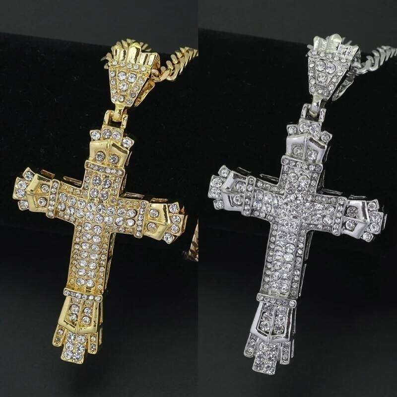 1 Simple Style Men Christian Cross Rhinestone Pendant Necklace Personality Fashion Street Domineering Chain Jewelry H260312