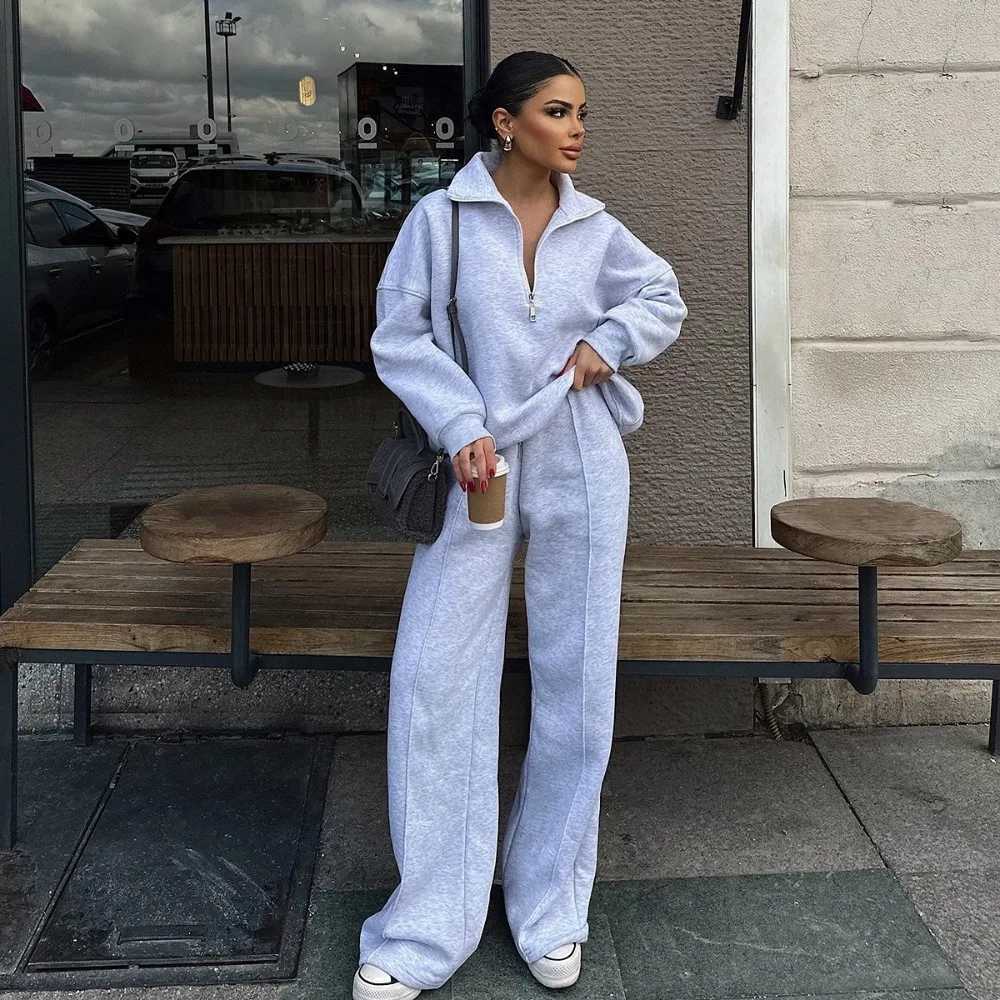 Street Style Womens Henley Neck Sweatsuit Set Half Zip Pullover Hoodie Fall Winter Lounge Casual Outfit M260313