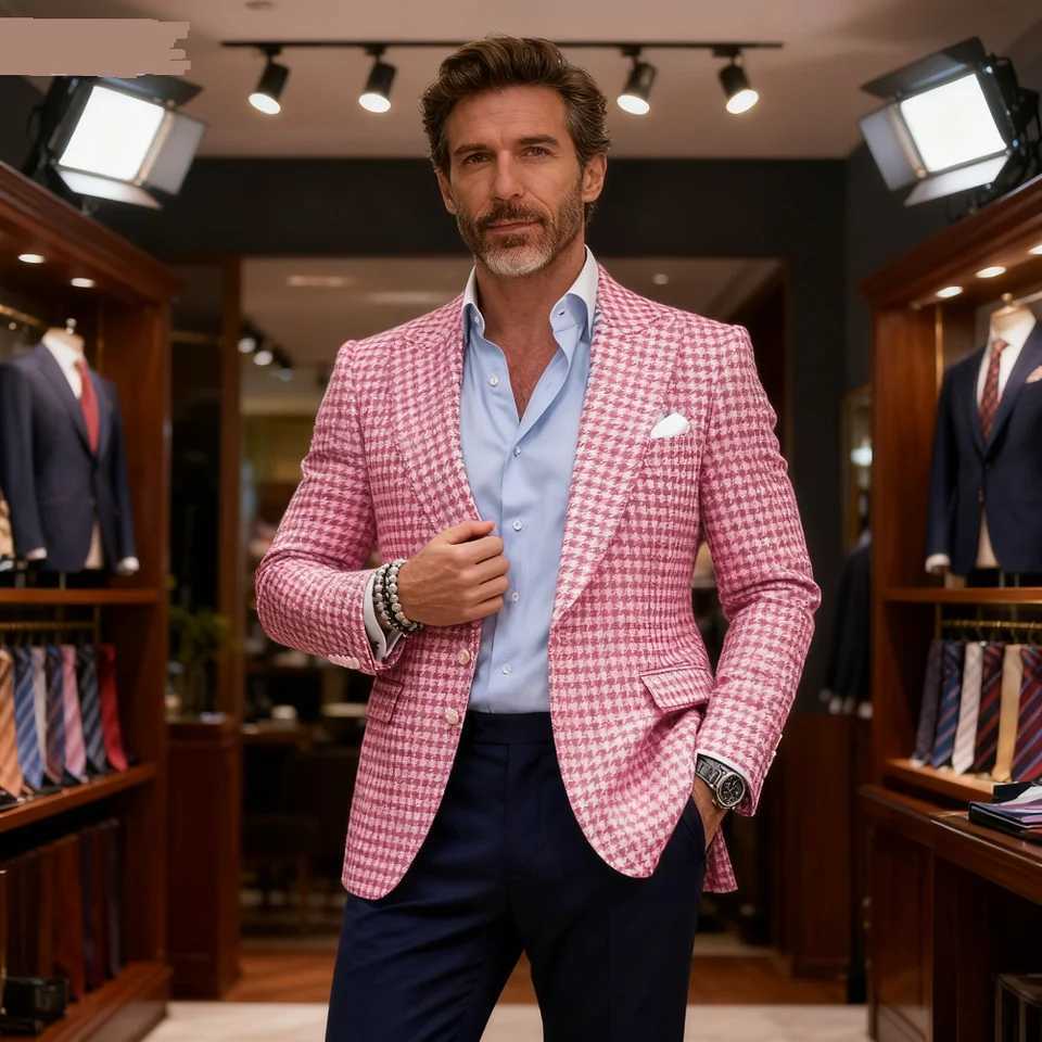 Rosa Houndstooth Terno Jaqueta De L Business Blazer Unique Top Breasted Slim Fit Check Wedding Suit Ternos M260313