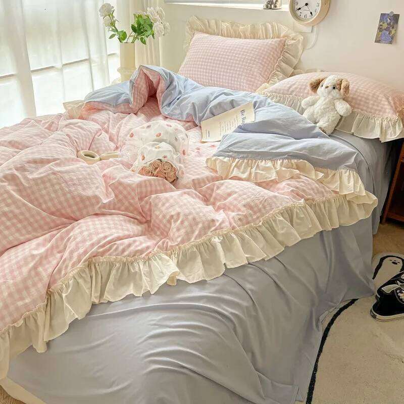 Ruffled Pink Blue Set Twin Queen Washed Microfiber Ultra Soft Bedding set Grid Duvet Cover Bed Sheet 2 Pillowcases H260312 - view 5