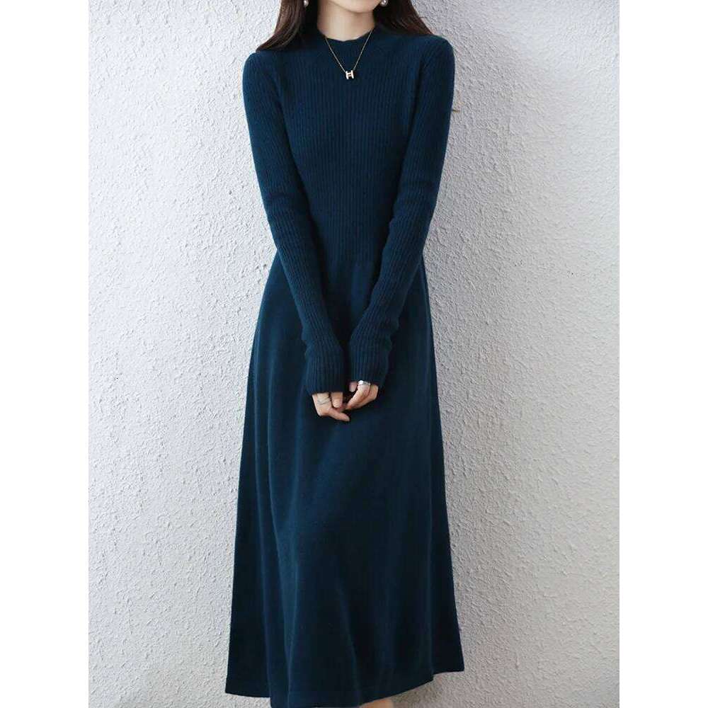Autumn Winter Women's Dress Sweater Mock Neck Pullover Thick 100% Merino Wool Knitwear Chic Soft Cashmere Skirts A-Line Top Z260314
