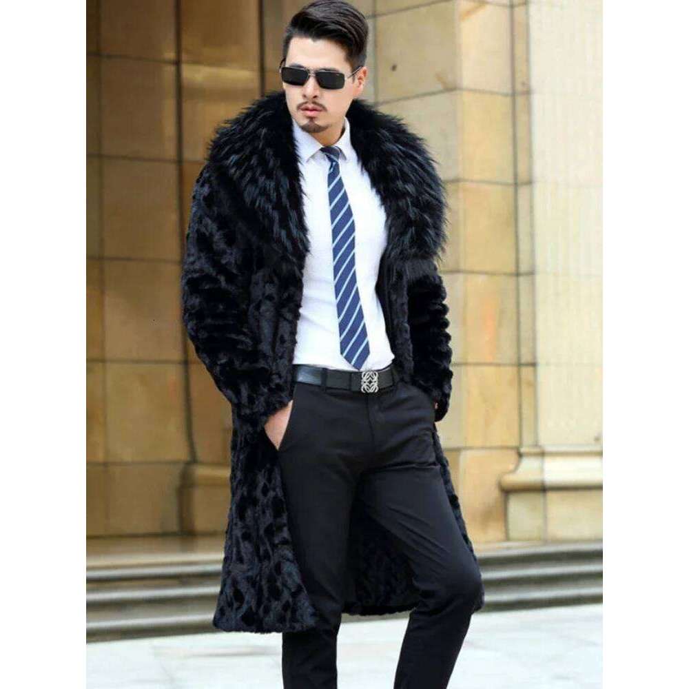 Luxury Brand Thick Warm Faux Men Collar Long Sleeve Mid-length Fur Coat Slim Outerwear New Fashionable Z260313