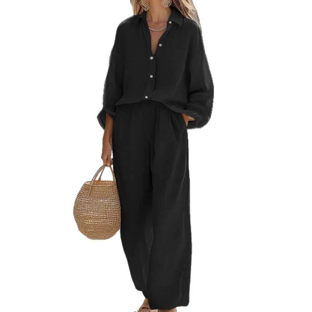 2026Summer Cotton Linen Lady Home Suits Casual Women Trousers Sets Lapel Single Breasted Long Sleeve Loose Top Wide Leg Pant Set M260313