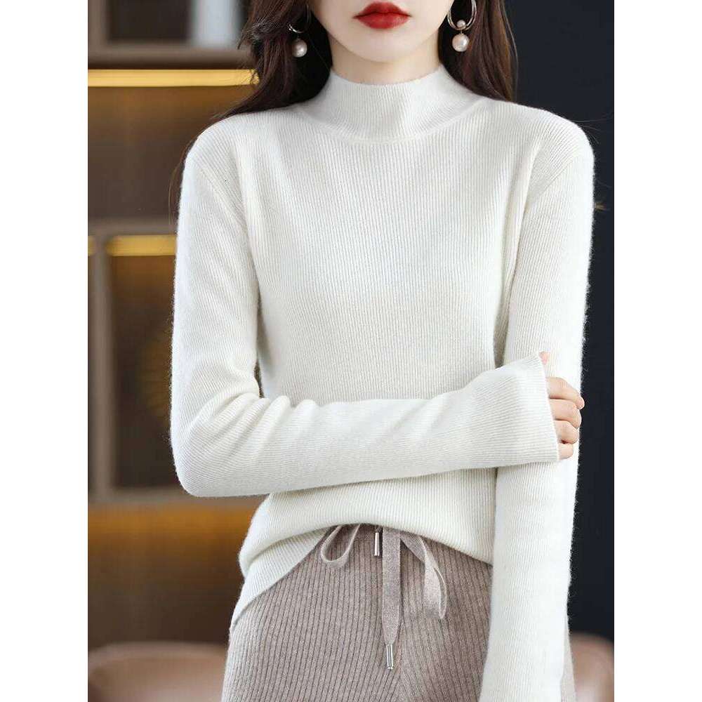 Basic Merino Wool Women Sweater Autumn Winter Korean Mock Collar Slim-Fit Knitted Pullover Long Sleeve Office Lady Clothing Tops Z260313