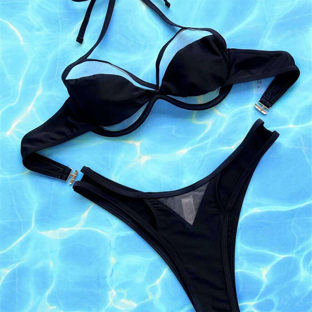 Transparent Bikini Black Gothic Swimsuit Push Up Backless String Hollow Out Micro Tanga Swimwear Women Beach Outfit Bathing Suit Y260303