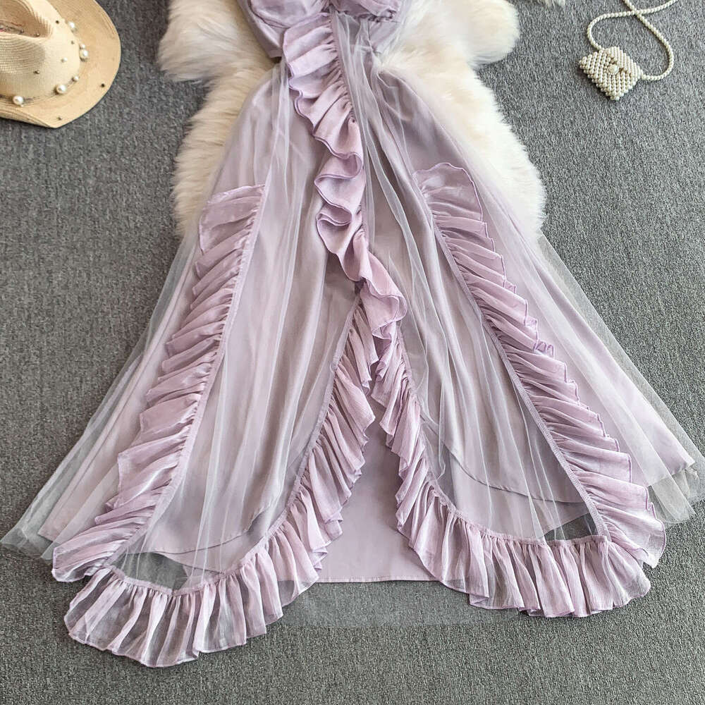 Designer seaside vacation style dress, chest cushion, shoulder strap, slim fit, elegant mesh splicing, sexy ruffles