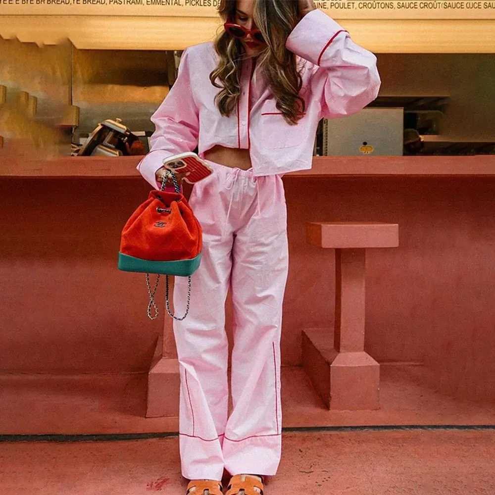 PRINTKAOIR Chic Patchwork Long Pant Sets For Women Lapel Long Sleeve Blouse Wide Leg Trousers 2 Pieces Sets Lady Streetwear M260313