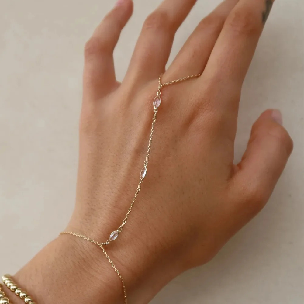 Fashion Mini Waterdrop Crystal Hand Chian Gold Color Link Chains Finger Ring Bracelet for Women Stainless Steel PVD Wed Jewelry 260313