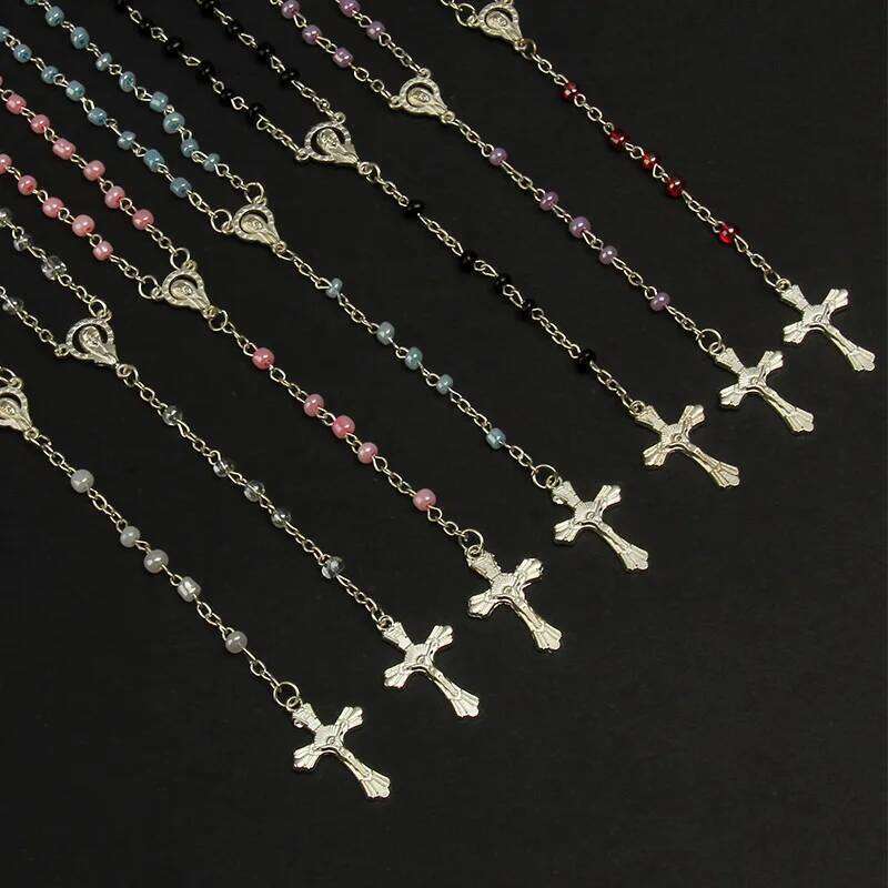 Small 4mm Glass Rosary Necklace Gold Beads and Heart Shaped Pendant Chain with Cross Christian Church Prayer Ornaments H260312