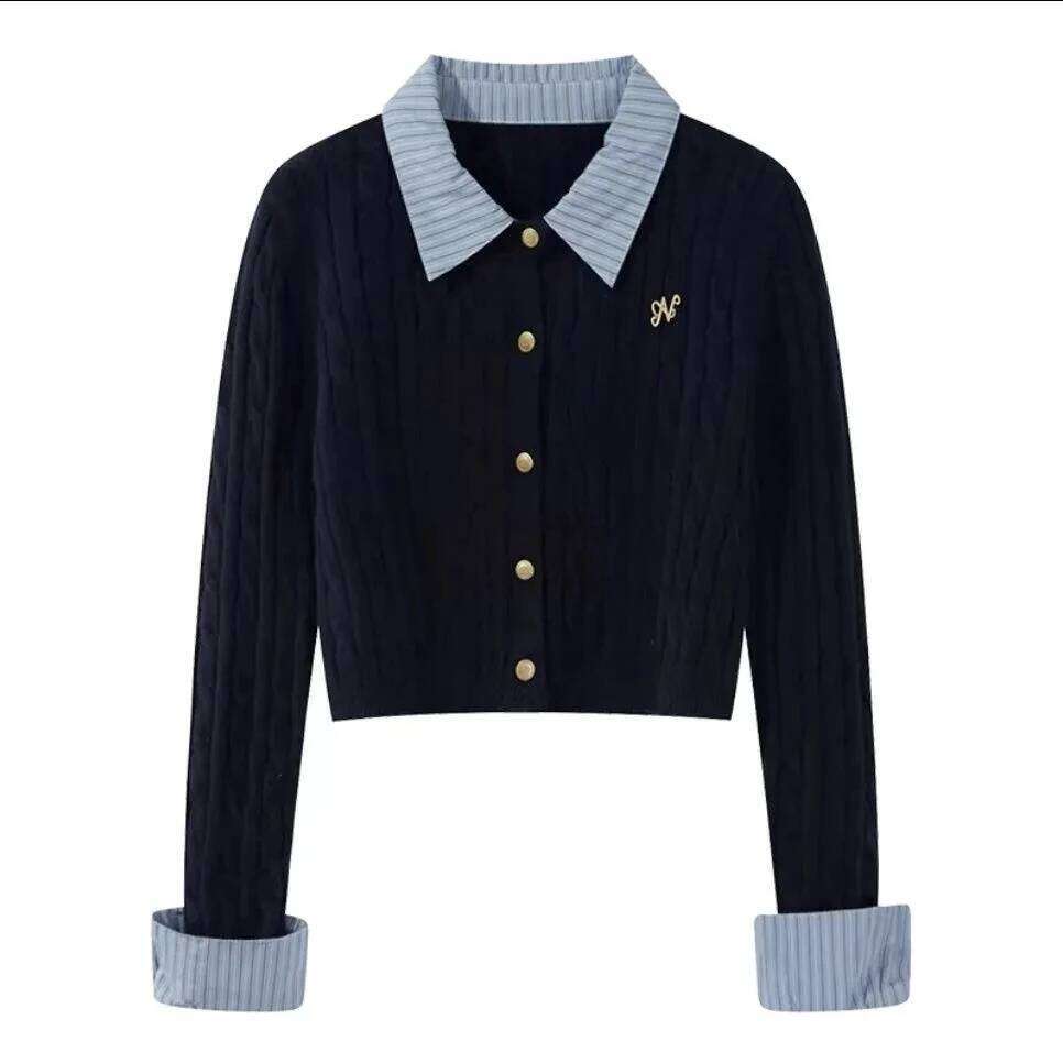 Grey Fake two-piece spliced Polo collar Long sleeved Knitted Sweater For women Autumn Winter College style Short Outwear Top Z260313