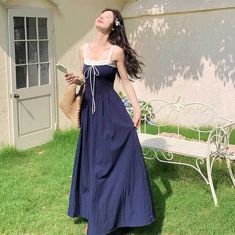 Women Navy Blue Contrast Maxi Dress Lady Lace Trim Square Neck Casual Summer Vacation Dress Female Sleeveless Comfort DressT260314