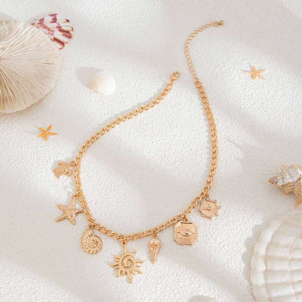 Salircon Sun Starfish Scallop Pendant Necklace for Women Vintage Conch Summer Beach Holidays Gold Color Chain Jewelry Gift H260312