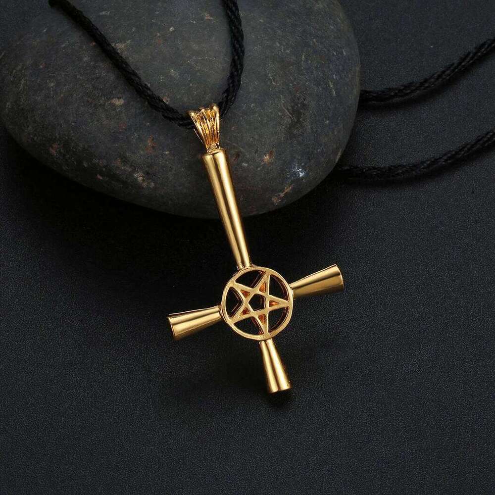 Kinitial Retro Inverted Pentagram Cross Necklaces Upside Down Lucifer Satan Satanic Symbol Pendant Necklace for man Punk Jewelry H260312