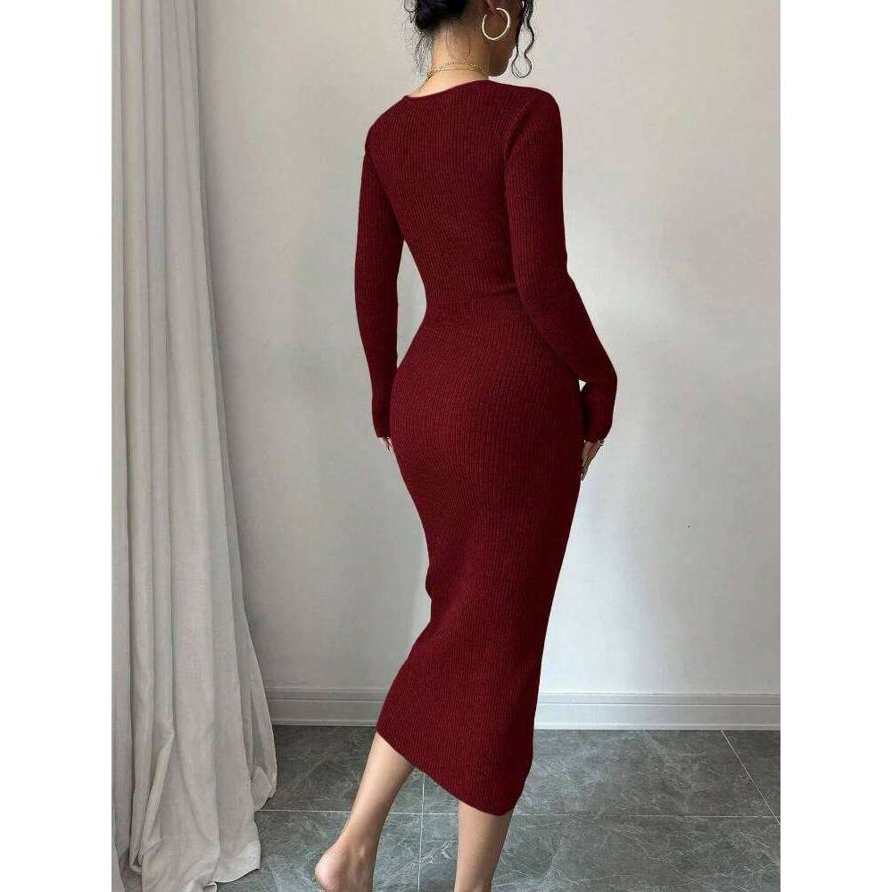 Spring Autumn Sexy Deep V-Neck Knit Dress for Women Button Long Sleeve Sweater Woman Sid Slit Budycon Dresses Ladies Clothing Z260314