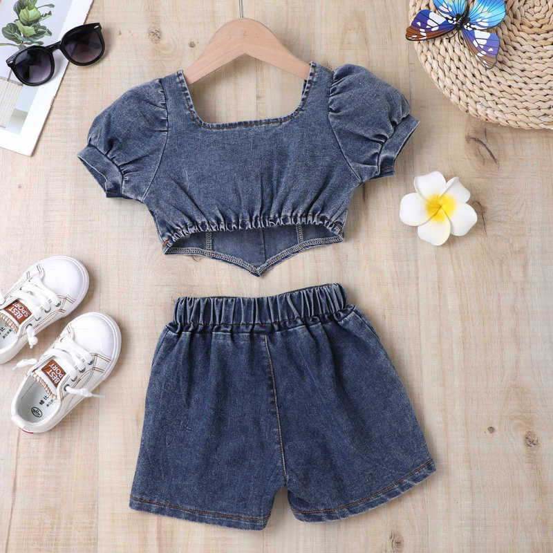 Clothing Sets Girls' summer clothing ruffled collar lantern sleeve top multi-button denim suit with puff sleeves