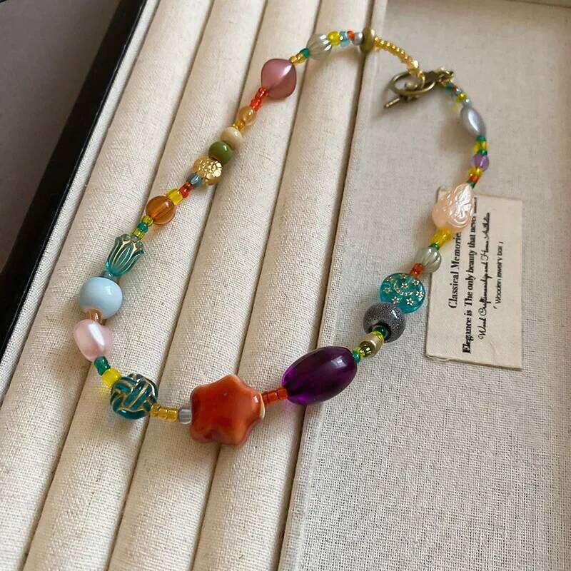 Dopamine Colorful Ceramic Glass Chokers Necklaces for Women Star Heart Ball Geometric Bead Necklace Ethnic Style Clavicle Chain H260312