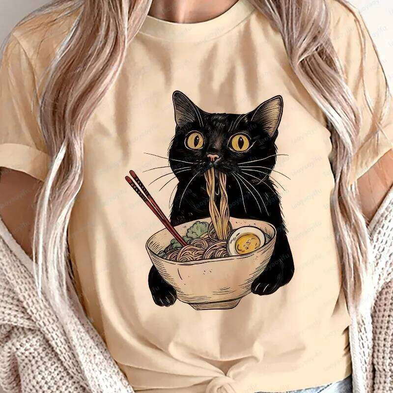 Casual Minimalist Cartoon Black Cat Eating Ramen Breathable Graphic Short Sleeve Fashion Cotton Shirt New Summer Women'S Top Z260314