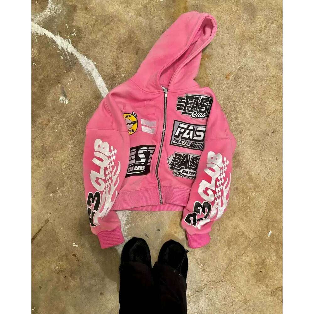 New Motorcycle Style Harajuku Letter Printed Hoodie Retro Gothic High Street Men and Women Casual Loose Zipper Sweatshirt 26Y0313