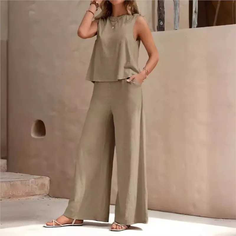 New Womens Sleeveless Vest And Trousers Two Piece Set Fashion Solid Color Two Piece Round Neck Top Pants Suit Casual Set M260313