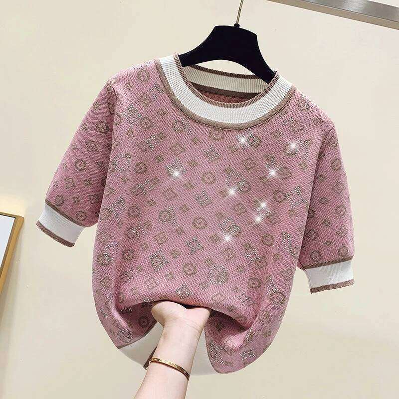 2023 Spring Women Fashion Short Sleeve Sweater Female Knit Glitter Stones T Shirt Femme Vintage Slim Summer Tops Z260314