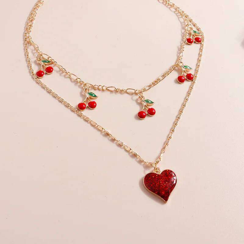 Aihua Boho Gold Color Red Heart Cherry Necklace Romantic Sweet Simple Clavicle Necklaces for Women Collar Fashion Jewelry Gifts H260312