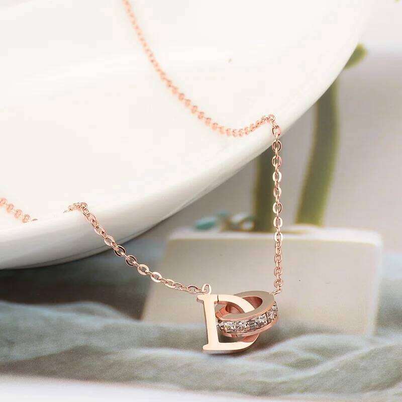 Personality Crystal Circle Stainless Steel Necklace Female Pendant Gold Color Letter D Choker Necklaces For Women Jewelry H260312
